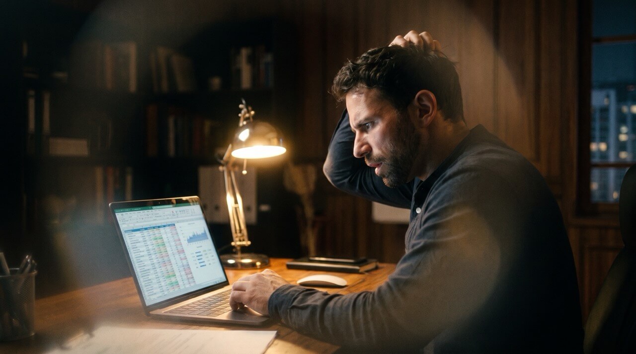 Confused man looking at his digital marketing. He's wondering if it is working and trying to figure it out.